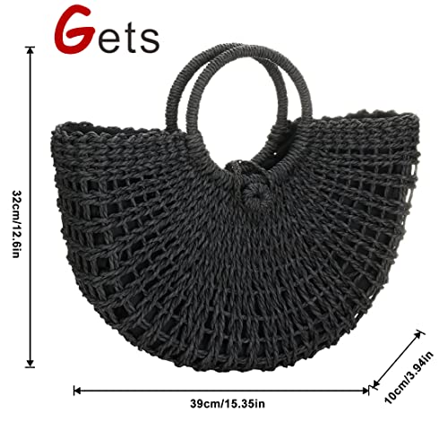 Gets Handwoven Rattan Top-handle Bag for Women Bohemian Round Straw Tote Bag Beach Large Carrying Handbag - color: Black