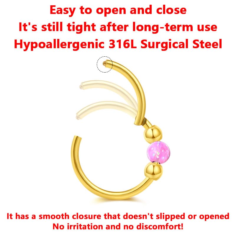 Opal Nose Ring Studs Horseshoe Nose Rings Hoops Stud 316L Stainless Steel Nose Rings Round CZ Square Screw L Shaped Nose Stud Hypoallergenic Nostril Piercing Jewelry for Women Men - color: Gold/Pink gem/18g 10mm hoop/Screw Studs