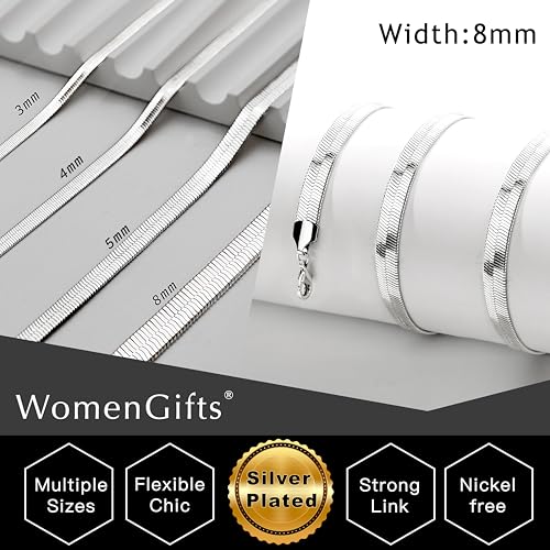 WomenGifts 14K Gold Silver Plated Herringbone Necklace for Women, Dainty Snake Chain Choker, Trendy Simple Long Layered Jewelry Non Tarnish, 3/4/5/8mm,14,16,18,20,22,24,26 Inch Thin & Chunky Options - color: Silver, style: 8mm-18inch