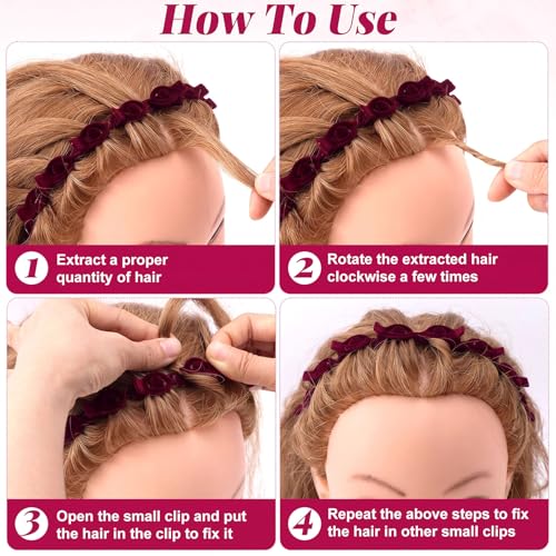 2 Pcs Headband with Clips, 90s Butterfly Hair Clips Headband with Teeth for Women, Braided Weave Bangs Non-Slip Clip Headbands Hair Accessories for Styling Decoration- Flocked Red - color: 2 pcs,Red