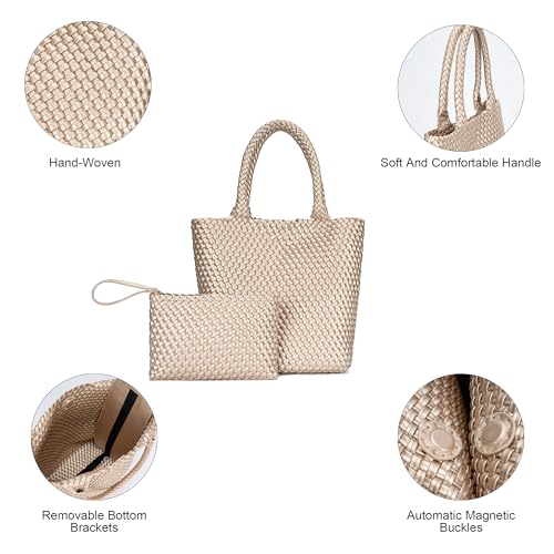 BAGOK Woven Tote Bag for Women, Handwoven Vegan Leather Shoulder Bag with Clutch, Large Tote for Work, Travel & Beach - color: Gold
