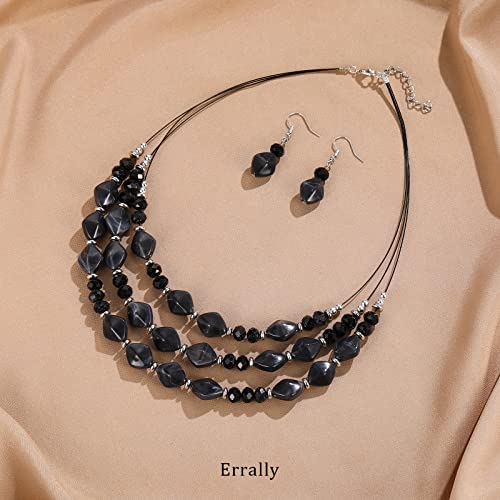 3 Layered Chunky Statement Necklace for Women Beaded Strand Necklaces with Earring Fashion Costumes Collar Necklace Jewelry Sets Gifts for Women - color: Black
