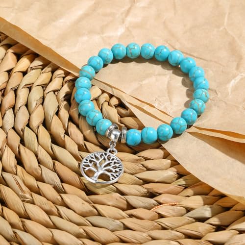 Turquoise Bracelet for Women, 8mm Beaded Stretchable Unisex Bracelet, Boho Turquoise Bead Bracelet Stone Beaded Bracelets Turquoise Jewelry for Women - color: Tree of Life