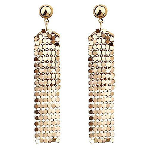 coadipress Metal Mesh Grid Sequins Tassel Long Drop Dangle Earrings for Women Trendy Lightweight Charms Disco Vintage Colorful Long Hook Earrings Bridal Wedding Jewelry - color: Long Gold Mesh