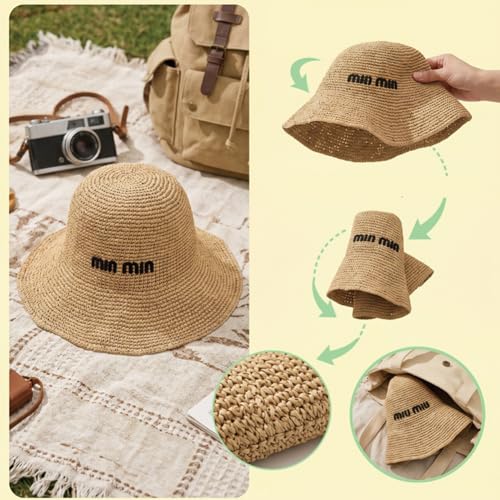 Women Straw Sun Hat Summer Beach Hats Foldable Floppy Cap Wide Brim Bucket Hat Solid Handmade Sun Protection Caps - color: Min-khaki