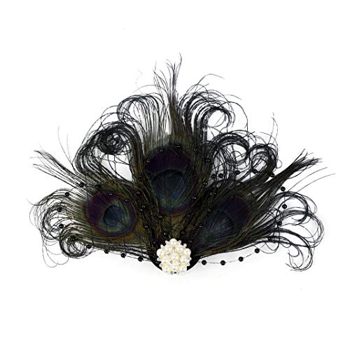 Fascinator Peacock Feather Hair Clips Flapper Headband Art Deco 20's Accessories for Women - color: 05black
