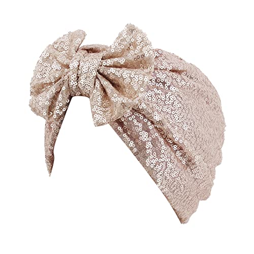 Erinaco Women Sparkle Sequin African Turban Bow Knot Pre-Tied Cap Pleated Ruffle Bonnet Beanie Hat Headwrap Skull Caps - color: Champagne Sequin