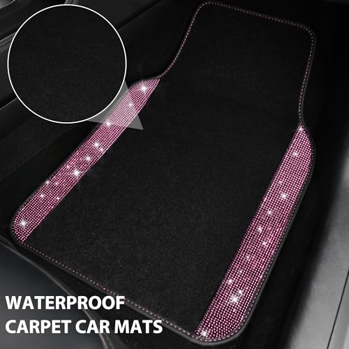 CAR PASS Bling Diamond Car Floor Mat Shining Rhinestones Carpet, Sparkly Glitter Crystal Anti-Slip PVC Heel Pad Automotive Universal Fit for SUV Sedan Car Van, 4pcs for Girl Cute Women, Black Pink - color: Pink Diamond