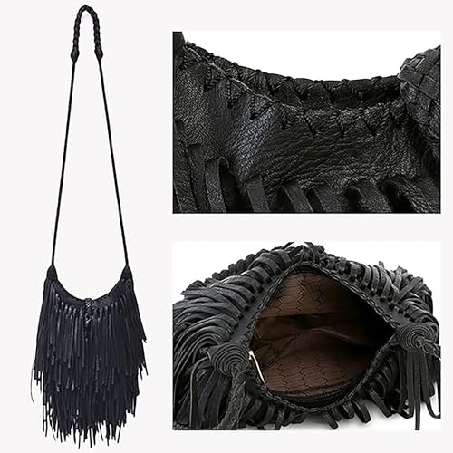 Tassel Shoulder Bag Vintage & Stylish Women PU Leather Bohemian Fringed Crossbody Shoulder Hobo Fringe bag - color: Black-7.5x6.7in
