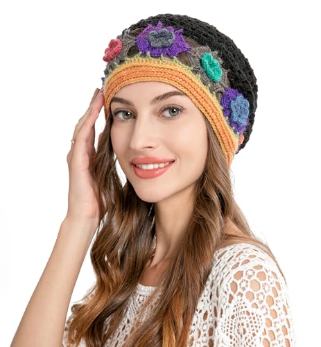 ZLYC Women Cotton Crochet Slouchy Beanie Hat Handmade Knit Summer Skull Cap - color: Colorful Flower Black
