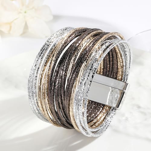 Fesciory Leopard Bracelet for Women, Boho Leather Wrap Multi-Layer Pearl Crystal Bracelet Bangle Jewelry - style: Leather String(GoldBrown)