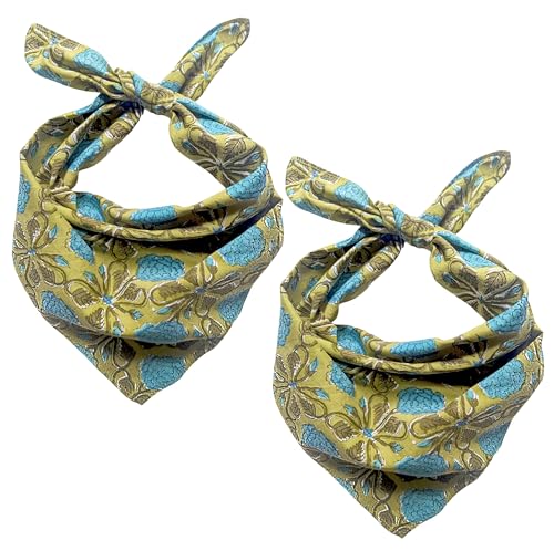 AVKA Studio 100% Cotton Bandanas for Women & Men, 2 Pack 20x20 Inch, 22x22 inch Hand Printed, Lightweight Cotton Handkerchief - color: Olive & Teal, size: 22 x 22 Inches Large