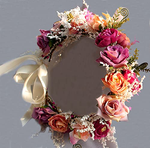 Vivivalue Women Floral Crown Rose Flower Headband Hair Wreath Floral Headpiece Halo Boho with Ribbon Wedding Party Festival Photos - color: 1