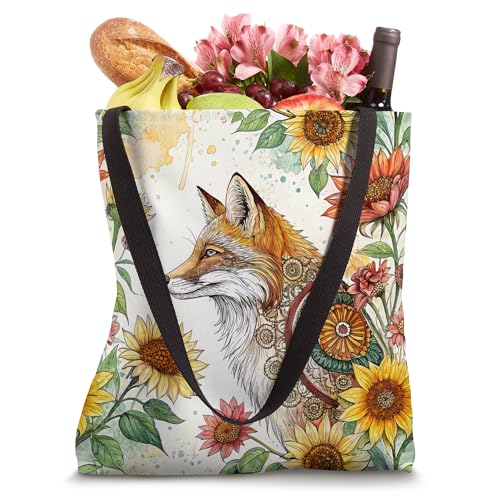 Boho Fox Mandala Floral Watercolor Aesthetic Tote Bag