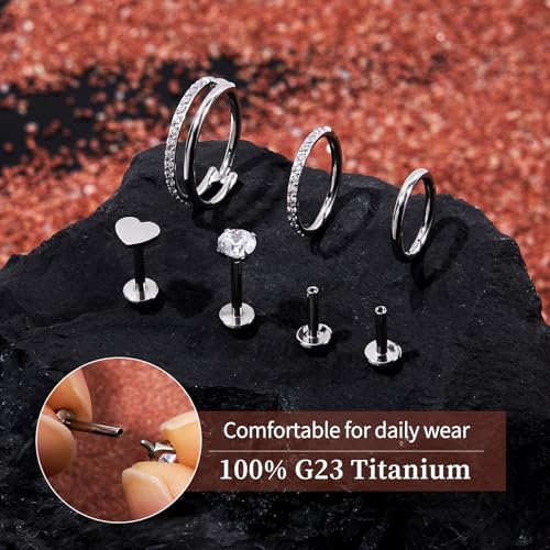 G23 Titanium 3PCS/7PCS 16G Cartilage Double-Hoop Helix Conch Piercing Jewelry With Cubic Zirconia Flat Back Stud Earrings Set For Women Men - color: A-7PCS-Silver-16G