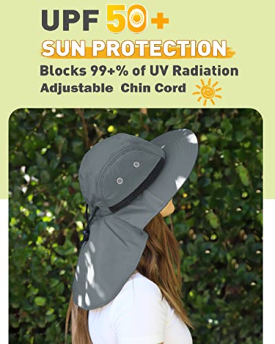 Tirrinia Wide Brim Sun Hat with Neck Flap for Men & Women, Breathable Hiking Fishing Safari Hat, Outdoor UV Protection Cap - color: # Dark Grey