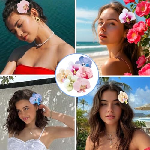 6 Pcs Hawaiian Flower Hair Clips with Fashion Floral Pearls Hawaiian Tropical Bohemian Butterfly Orchid Hairpins for Women Bridal Seaside Holiday Headwear Hair Accessories
