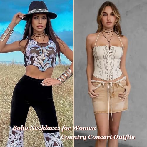 Stagecoach Festival Outfits for Women Boho Leather Necklace with Coin Pendants Long Cowgirl Western Jewelry for Women Country Concert Outfits Accessories - color: A2：Brown
