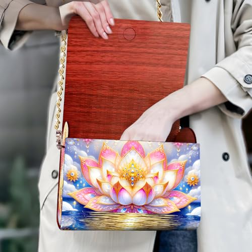 C'eitura Lotus Diamond Art Wooden Clutch Purse with Chain, 5D DIY Rhinestone Shoulder Bag Kit, Zen Style Wallet for Women, Yoga Meditation Gift, Unique Handmade Craft Project - color: SKB204