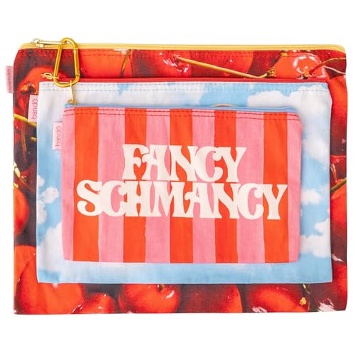 ban.do Travel Bags Carryall Trio, Cotton Bag Set, Zipper Pouch Set, 3 Zip Pouches for Pencils, Toiletries, or Accessories (Fancy Shmancy)
