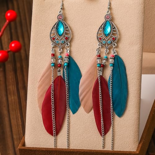 Clip on Tassel Dangle Earrings for Boho Women, Non Pierced, Colorful Feather Handmade Beads Fashion Vintage Fringe Jewelry for Parties Weddings Festivals Trendy Statement Earrings for Bohemian - color: Color A