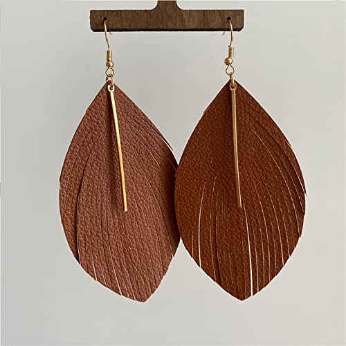 Minimalist Handmade Lightweight Large Soft Faux Leather Fringe Feather Dangle Drop Earrings Bohemian Huge Leaf Hook Earrings with Bar for Women - color: Brown