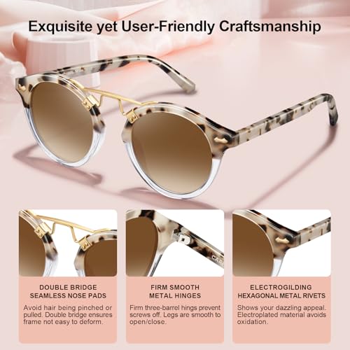 CARFIA Double Bridge Small Acetate Sunglasses for Women Polarized, Retro Metal Brow Ladies Sunnies Fashion Round Eyewears - color: 2. Pink White Tortoise Frame Gradient Brown Lens