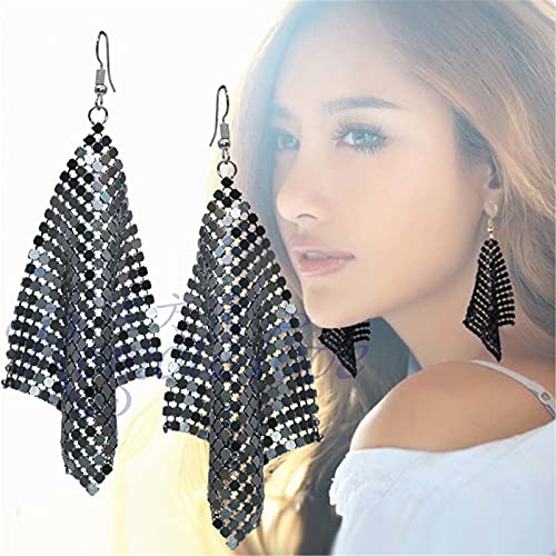 coadipress Metal Mesh Grid Sequins Tassel Long Drop Dangle Earrings for Women Trendy Lightweight Charms Disco Vintage Colorful Long Hook Earrings Bridal Wedding Jewelry - color: 4 Pairs Small Mesh