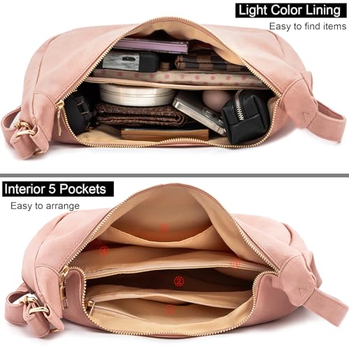 Hobo Bags for Women Foldable Vegan Leather Shoulder Handbag Slouchy Tote Crossbody Purses - color: Pink