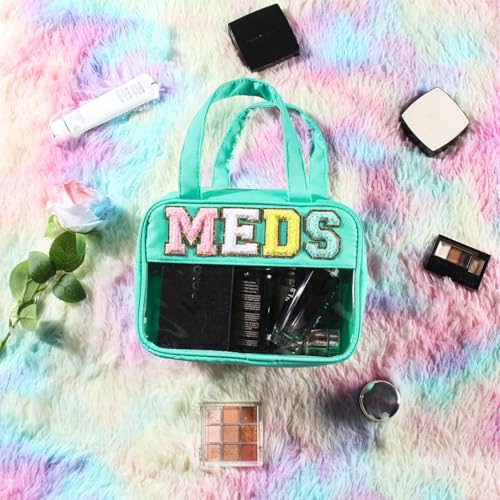 BuyCard Chenille Letter Clear Medicine Makeup Bag for Travel, Preppy Patch Nylon Cosmetic Meds Pouch with Handles and Zipper, Waterproof Large Travel Toiletry Purse Storage for Women Green - color: Green-MEDS