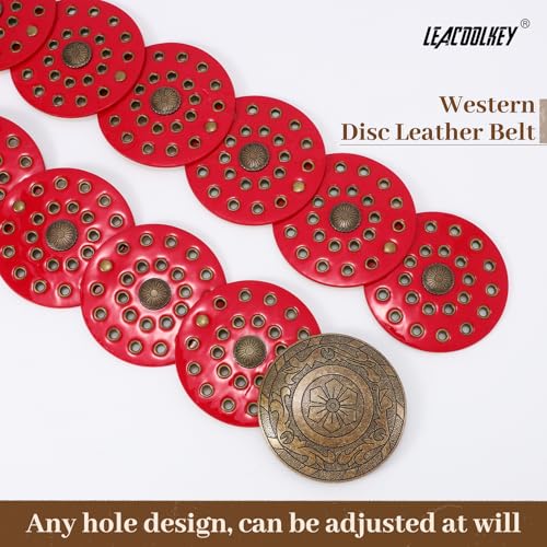 LEACOOLKEY Women's Boho Disc Belt Wide Western Leather Belt Vintage Concho Waist Belts for Dress Jeans - color: A-red, size: Fits 27"–33" (Waist/Hips), style: Style a