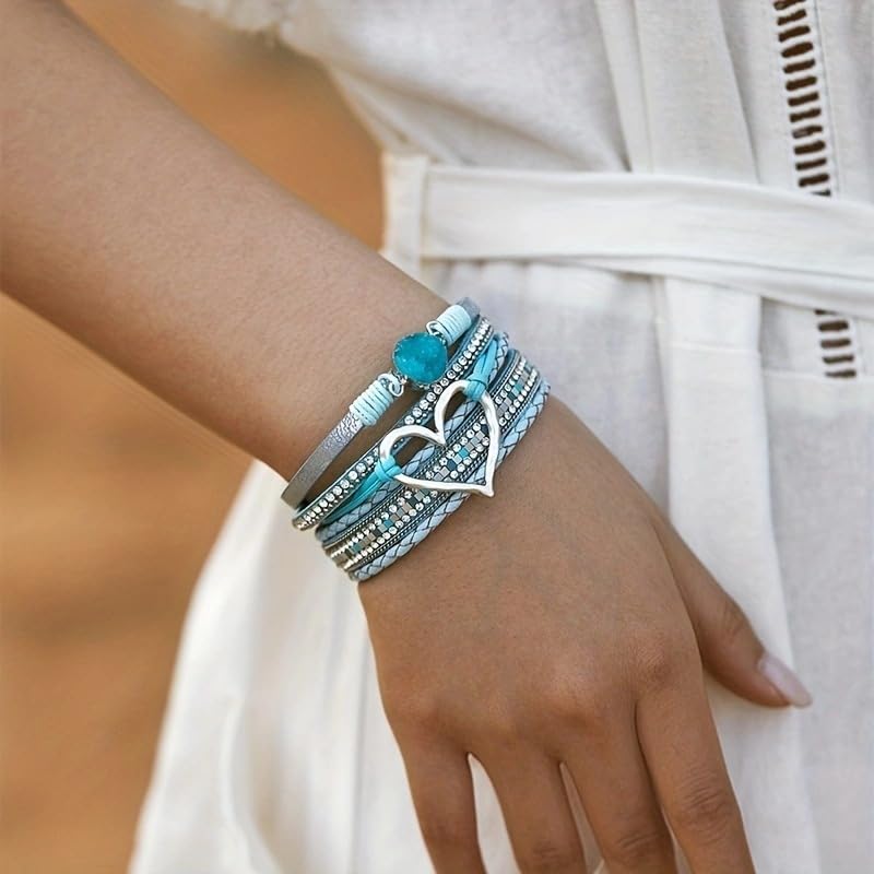 Womens Multi Layer Heart Leather Wrap Bracelet Boho Stackable Cuff Bangle Magnetic Clasp Crystal Birthday Valentine Gift - color: Sky Blue