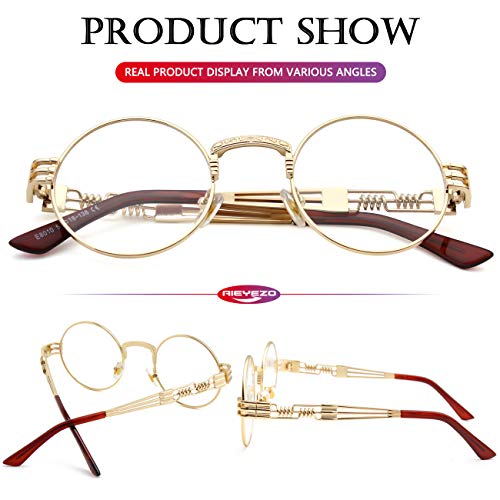 AIEYEZO Round Steampunk Sunglasses for Men Women Retro Circle Hippie Glasses Metal Frame 100% UV Blocking Lens - color: 2 Pack (Gold/Clear, Gold/Grey)