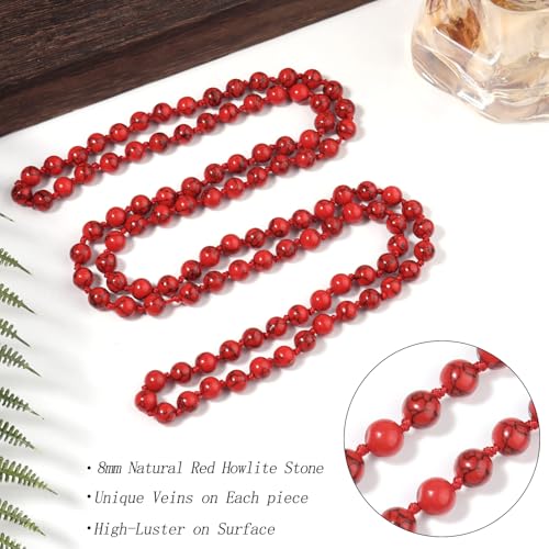 Beaded Necklace Hand Knotted for Woman - color: Red Turquoise