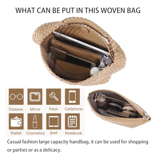 Woven Tote Bag For Women, Large Vegan Leather Travel Handbag, Casual Work Shoulder Bag, Underarm Commuter Hobo Bag With Purse - color: Khaki