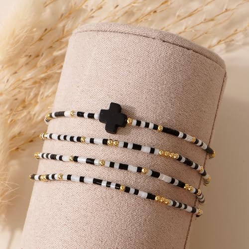 Gold Colorful Beaded Cross Bracelet Stack Set for Women,Handmade Bohemian Seed Beads Stacked Bracelets Fashion Holiday Jewelry Gift - color: Black