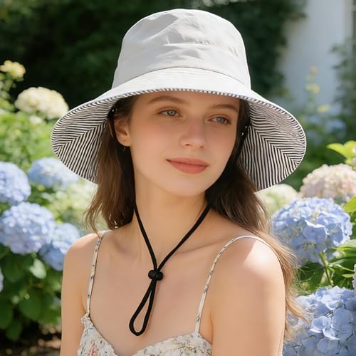 Women's Summer Sun Hat - Reversible Design with Striped Lining Adjustable Brim for Travel and Outings Cap - color: Stripes-gray