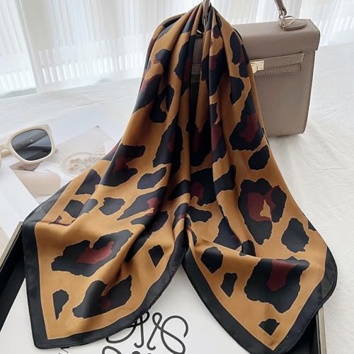 CHUNG Women's Scarf Hair Bandanas Square 27.5" Satin Wrap Fashion Pattern Scarves Emulation Silk Handbag Ribbons Necktie - color: Coffee Leopard