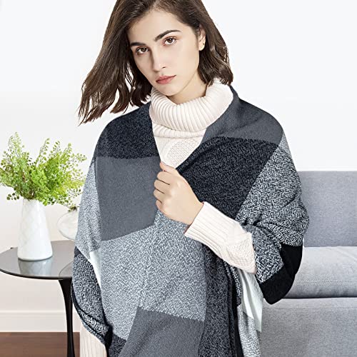 Loritta Womens Scarf Fashion Long Plaid Shawls Wraps Big Grid Winter Warm Lattice Large Scarves Gifts - color: Q-dark Grey White Lattice