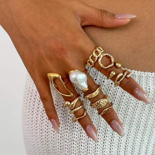 Chunky Gold Rings for Women Non Tarnish Boho Stackable Rings Set Adjustable Open Joint Finger Midi Knuckle Ring Packs - color: Gold Pearl Rings 12Pcs