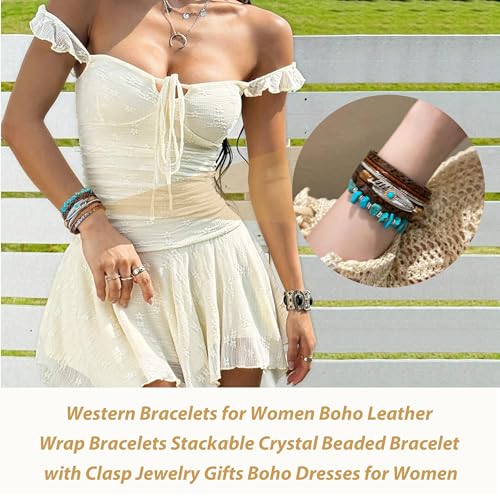 Long tiantian Boho Leather Wrap Bracelets Western Bracelets for Women Stackable Starfish Crystal Pearl Turquoise Leather Bracelet With Clasp Jewelry Gifts Boho Dresses - color: A6:BROWN Bracelet