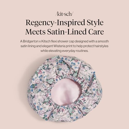 Bridgerton x Kitsch Satin-Lined Flexi Shower Caps for Women Reusable Waterproof - Large Wide Shower Cap for Women & Men, Adjustable, Stylish Hair Cap for Showers, For Long & Short Hair - Wisteria - color: Wisteria