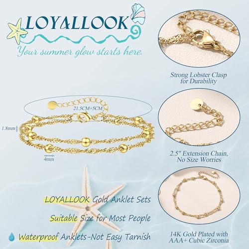 LOYALLOOK Ankle Bracelets for Women Waterproof, 14K Gold Plated Cuban Figaro Link Chain Beaded Anklets Set, Dainty Layered Anklets for Women Non Tarnish Summer Beach Foot Jewelry Adjustable Size - color: Double layered-14K Gold