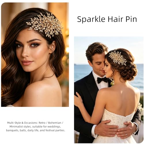 Rhinestone Leaf Wedding Hair Comb, Sparkly Bridal Hair Piece Accessories for Bride Bridesmaid Party Prom (Champagne) - color: Champagne