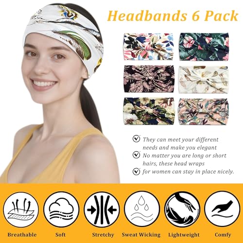 6 Pack Boho Style Women's Headbands, Non slip Fashion Wide Elastic hairband, Daily Sports Yoga Workout Women's Hair Bands,Floral Print-Flowers - color: Type 6