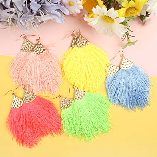 Bohemian Silky Thread Fan Fringe Tassel Statement Earrings - Lightweight Strand Feather Shape Dangles - color: Feather Fringe - Yellow