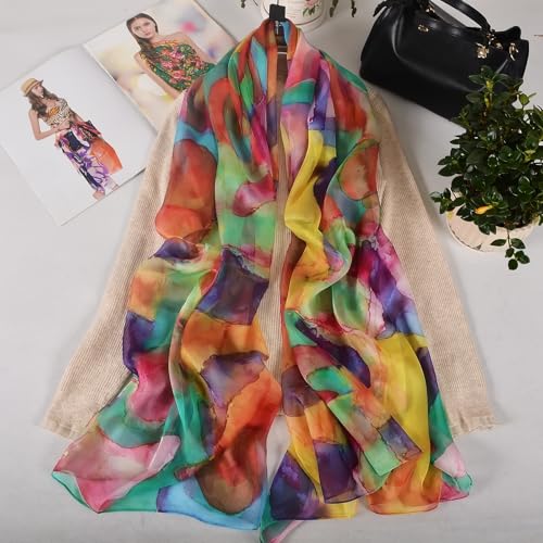 100% Mulberry Silk Women's Neck Silk Scarf-Lightweight Shawl,FLoral Print Beach Silk Wrap-Scarves for Photography - color: Rainbow-color