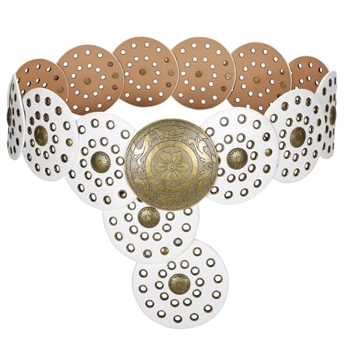 LEACOOLKEY Women's Boho Disc Belt Wide Western Leather Belt Vintage Concho Waist Belts for Dress Jeans - color: A-white, size: Fits 46"–51" (Waist/Hips), style: Style a
