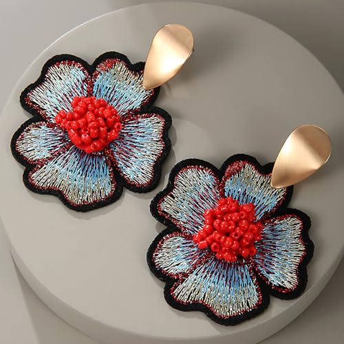 Boho Floral Embroidered Earrings with Colorful Bead Accents and Crystal Center for Women - color: Red