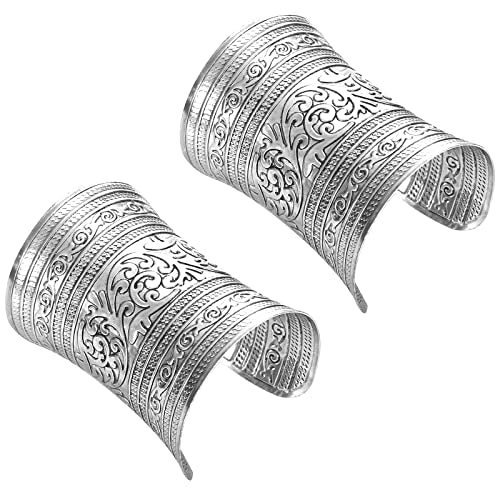 SONNYX 2 PCS Cuff Bracelets for Women Vintage Ethnic Wide Open Chunky Gold Silver Wrist Cuff Warp Bracelets for Cosplay or Belly Dance - color: SILVER 1